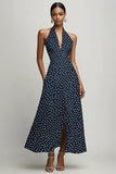 Vestido azul marino de lunares blancos halter con abertura