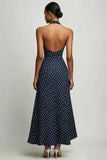 Vestido azul marino de lunares blancos halter con abertura