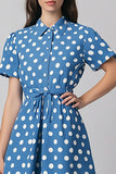 Vestido Azul A Line Blanco de Lunares con Manga Corta