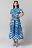 Vestido Azul A Line Blanco de Lunares con Manga Corta