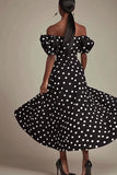 Vestido negro A Line Off The Shoulder Vestido blanco de lunares con abertura