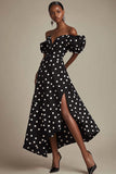 Vestido negro A Line Off The Shoulder Vestido blanco de lunares con abertura
