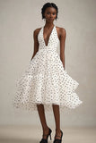 Vestido halter de línea A con volantes blanco negro de lunares
