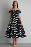 Off The Shoulder A Line Negro Blanco Vestido de lunares