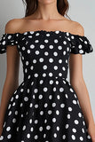 Off The Shoulder A Line Negro Blanco Vestido de lunares