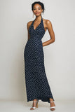 Vestido halter azul marino vaina largo de lunares blancos