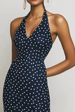 Vestido halter azul marino vaina largo de lunares blancos