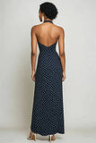 Vestido halter azul marino vaina largo de lunares blancos