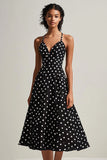 Vestido de lunares de lunares de línea A con tirantes finos blancos negros