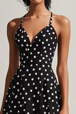 Vestido de lunares de lunares de línea A con tirantes finos blancos negros