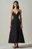 Negro Blanco A Line Vestido de lunares con escote en V