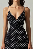 Negro Blanco A Line Vestido de lunares con escote en V