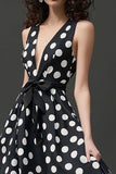 Negro Blanco Vestido de lunares con escote en V