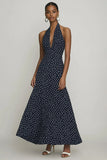 Vestido halter de gasa de una línea negra blanca con lunares