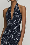 Vestido halter de gasa de una línea negra blanca con lunares