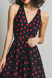 Negro Rojo A Line Vestido de lunares con cuello en V