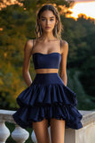 Vestido de cóctel corto azul marino de línea A con volantes