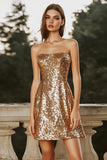 Vestido de cóctel dorado corto sin tirantes
