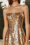 Vestido de cóctel dorado corto sin tirantes