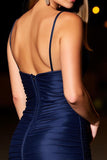 Vestido de cóctel fruncido con tirantes finos azul marino
