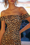 Kahki Leopardo Vestido de Cóctel Ajustado con Hombros Descubiertos
