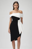 Vestido de cóctel corto ajustado marfil y negro con volantes