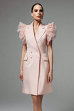 Vestido de trabajo con solapa de pico en línea A rosa con volantes