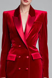 Vestido de trabajo midi con solapa de pico ajustado de terciopelo rojo