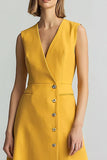 Vestido de trabajo amarillo con cuello en V en línea A