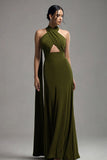 Vestido formal plisado de gasa verde oliva halter