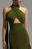 Vestido formal plisado de gasa verde oliva halter