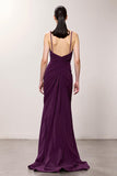Vestido largo de noche con cuello en V fruncido y abertura morada