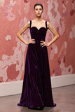 Vestido de fiesta largo de terciopelo simple morado oscuro en línea A