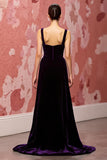 Vestido de fiesta largo de terciopelo simple morado oscuro en línea A