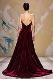Vestido largo de fiesta sin tirantes A Line de terciopelo rojo oscuro