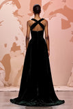 Vestido de noche largo de terciopelo negro simple con ojo de cerradura