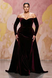 Vestido Maxi de talla grande de talla A rojo oscuro de terciopelo de línea A con mangas largas