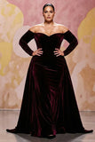Vestido Maxi de talla grande de talla A rojo oscuro de terciopelo de línea A con mangas largas