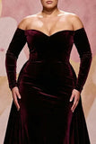 Vestido Maxi de talla grande de talla A rojo oscuro de terciopelo de línea A con mangas largas