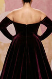 Vestido Maxi de talla grande de talla A rojo oscuro de terciopelo de línea A con mangas largas