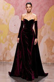 Vestido de noche largo de terciopelo rojo oscuro A Line Sweetheart