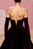 Vestido de noche largo de terciopelo rojo oscuro A Line Sweetheart