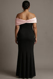 Vestido largo de noche de talla grande de sirena negro y rosa de satín sin hombros