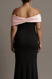 Vestido largo de noche de talla grande de sirena negro y rosa de satín sin hombros