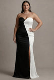 Vestido largo de noche Sweetheart Sheath, blanco y negro, talla grande con abertura