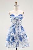 Vestido de cóctel corto con volantes en capas y corsé blanco azul sin tirantes