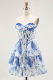 Vestido de cóctel corto con volantes en capas y corsé blanco azul sin tirantes