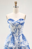 Vestido de cóctel corto con volantes en capas y corsé blanco azul sin tirantes