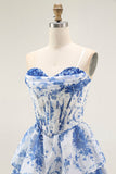 Vestido de cóctel corto con volantes en capas y corsé blanco azul sin tirantes