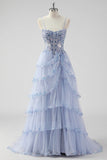 Lavanda Una Línea De Lentejuelas Sin Tirantes Corsé Vestido De Fiesta Escalonado Con Abertura